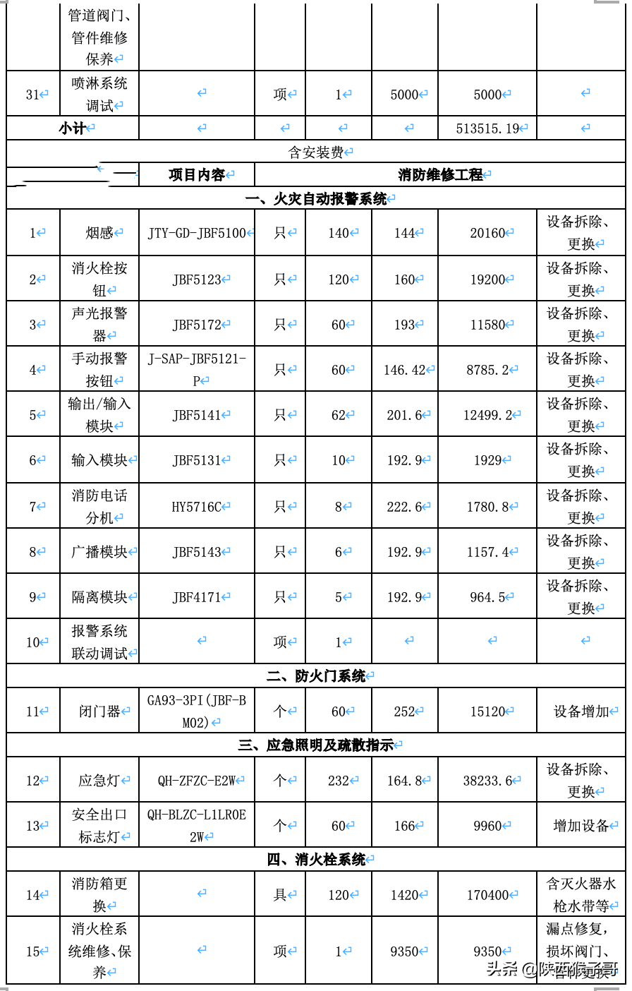 消防设施检测维保报价表